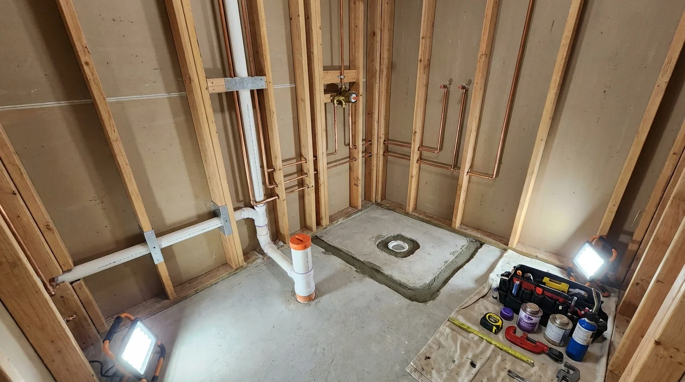 Bathroom rough-in plumbing during remodel by Johns Plumbing LLC in Elkins
