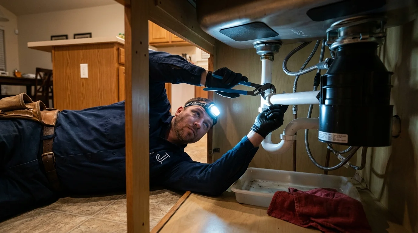 P-trap and supply line connections under a kitchen sink showing a common leak point in Elkins, WV
